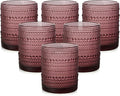 Vintage Glassware Drinking Glasses Set of 6,12 oz Hobnail Glass Cups,Embossed Purple Water Tumbler,for Beer,Cocktail,Whiskey,Juice and Various Mixed Drinks- 1 Cleaning Brush