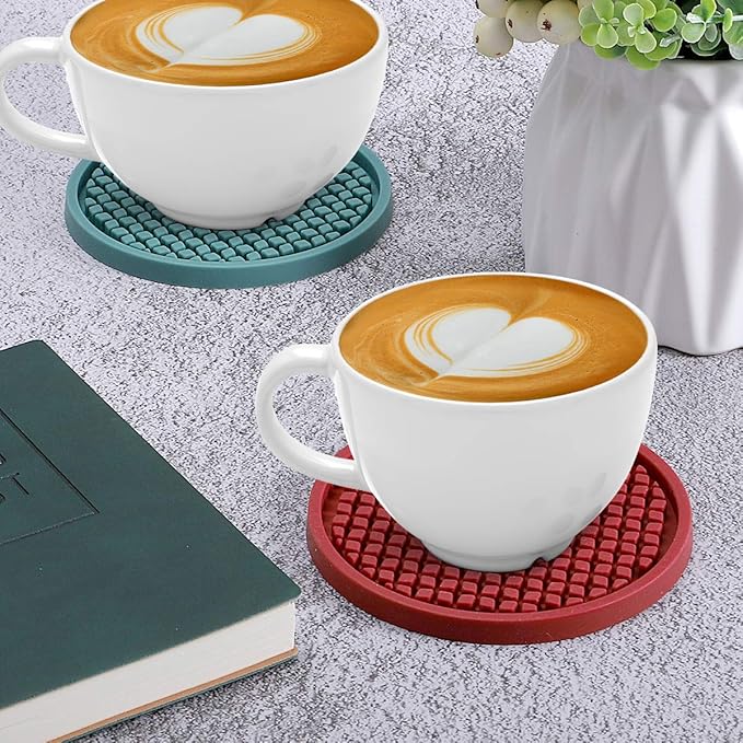 ME.FAN Silicone Coasters [6 Pack] Thickened Drink Coasters with Holder - Cup Mat - Non-Slip, Non-stick, Stay Put, Deep Tray - Prevents Furniture and Tabletop Damages(Blue)