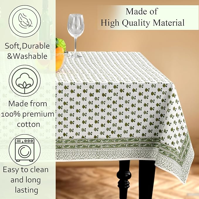 CPC Lotus Meadow Tablecloth 100% Cotton 72x140 Inch Indian Block Print Rectangle Table Cover, Table Cloth for Gifting in Weddings, Halloween, Fall, Christmas, Thanksgiving