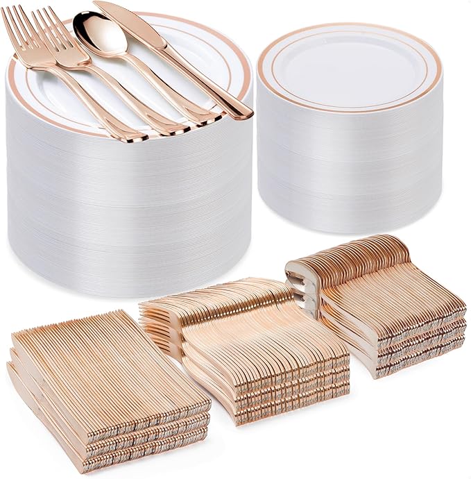BESTVIP 600PCS Rose Gold Plastic Plate Set (100 Guests), Plastic Plates for Party Wedding Birthday, Disposable Dinnerware Set of 200 Plates, 200 Forks, 100 Spoons, 100 Knives for Christmas