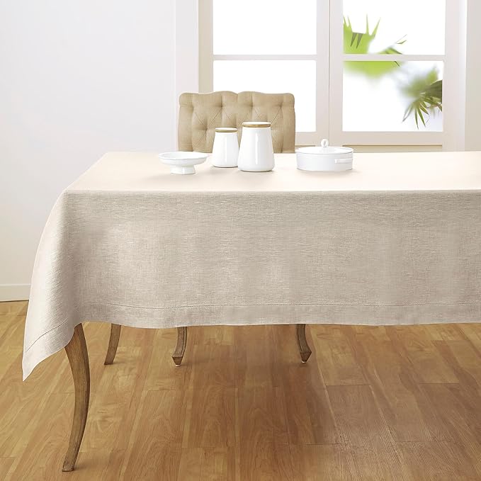 Solino Home Linen Tablecloth 60 x 156 Inch - Classic Hemstitch 100% Pure Linen Light Natural Table Cloth for Rectangle Tables - Machine Washable Tablecloth for Spring, Easter