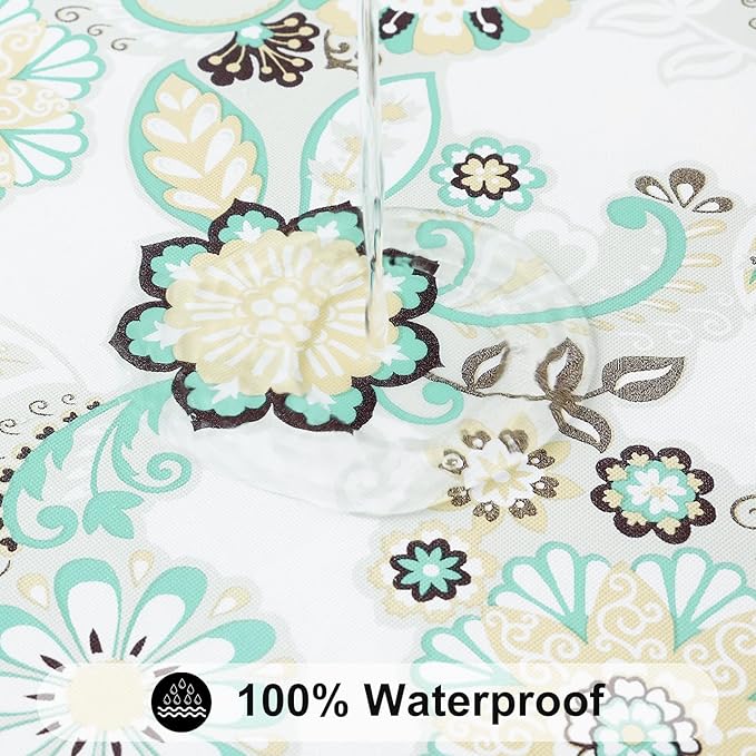 Smiry Rectangle Table Cloth Cover, Waterproof Elastic Fitted Picnic Tablecloth for 6 Foot Tables, Wipeable Flannel Backed Vinyl Tablecloths for Camping, Dining, Outdoor (Teal & White, 30" x 72")