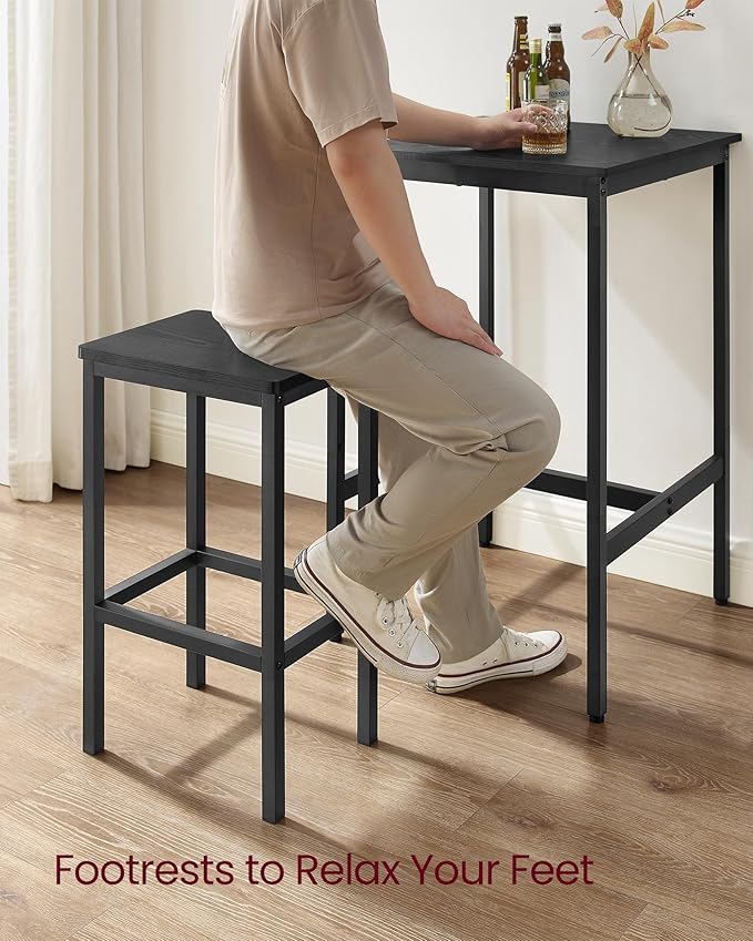 VASAGLE Bar Table and Chairs Set, Square Table with 2 Stools, Dining Pub Set for 2, Space Saving for Kitchen Breakfast, Living Room, Party Room, Ebony Black and Ink Black