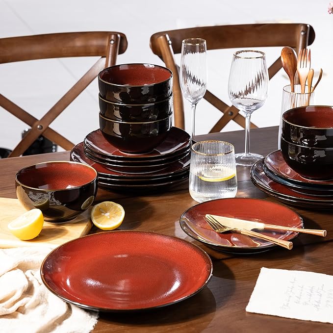 LeRatio Ceramic Dinnerware Sets for 6,Stoneware Plates and Bowls Sets,Handmade Reactive Glaze Dishes Set,Chip Resistant and Scratch Resistant | Oven&Dishwasher & Microwave Safe,Service for 6-Red