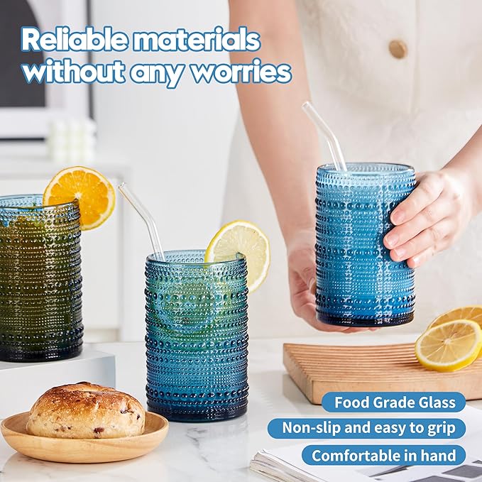 Vintage Hobnail Drinking Glasses Set of 12, 15oz Textured Tumblers - Embossed Blue Bar Glasses for Cocktails, Beer, Whiskey, Dishwasher-Safe Highball Cups for Kitchen, Juice & Mixed Drinks