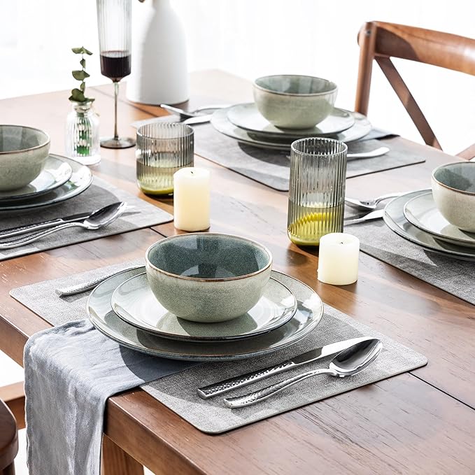 AmorArc Ceramic Dinnerware Sets for 8, 24 Pieces Handpainted Stoneware Plates and Bowls Set, Scratch Resistant Dishes Set, Dishwasher & Microwave Safe, Reactive Color