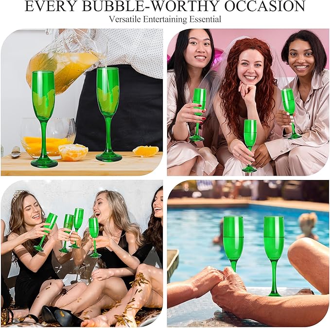Champagne Flutes Glasses Set of 6-6oz Elegant Green Champagne Glass, Unique Green Colored Long stem Champagne Flute Gift for Wedding, Anniversaries, Parties, Birthday, Restaurant, Home Bar