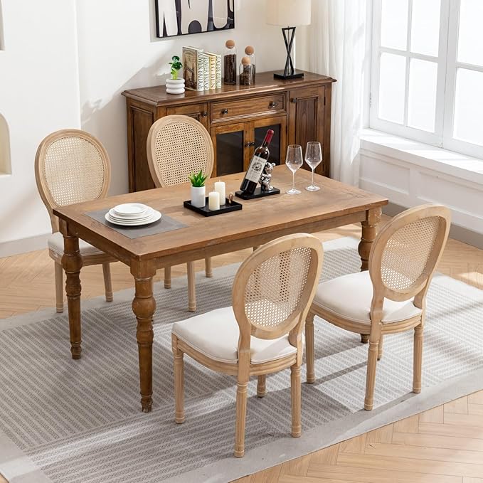 Vintage French Rattan Dining Chairs Set of 6, Solid Wood Frame with Round Rattan Back and Linen Upholstered Seat, Farmhouse Accent Sillas de Comedor Side Chairs for Dining Room & Kitchen, Beige