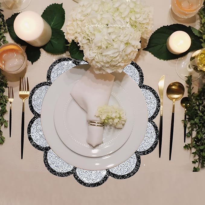 Washable Waterproof Diamond Circle Placemats for Round Tablescape Decor for Dinner and Kitchen Bling Placemats for Weddings & Special Events -4 PCS (Silver and Black)