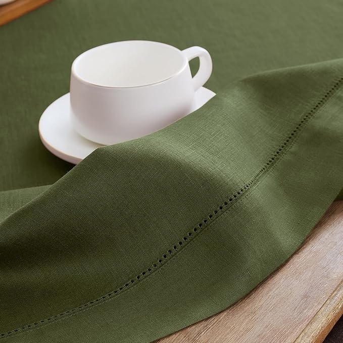 Solino Home Olive Linen Tablecloth 60 x 144 Inch - 100% Pure Linen Classic Hemstitch Table Cloth for Rectangle Tables - Machine Washable Tablecloth for Wedding, Parties, St Patricks Day