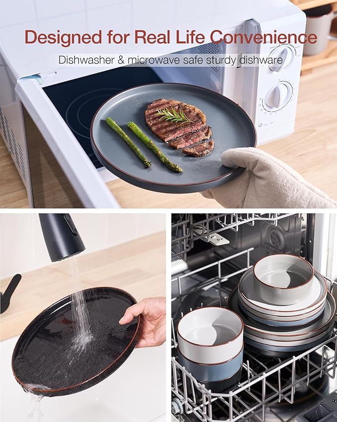 Famiware Nebula Ridge Stoneware Dinnerware Sets for 8, 24 Pieces Plates and Bowls Sets, Dishes Set, Microwave and Dishwasher Safe Kitchen Plates, Multi-color