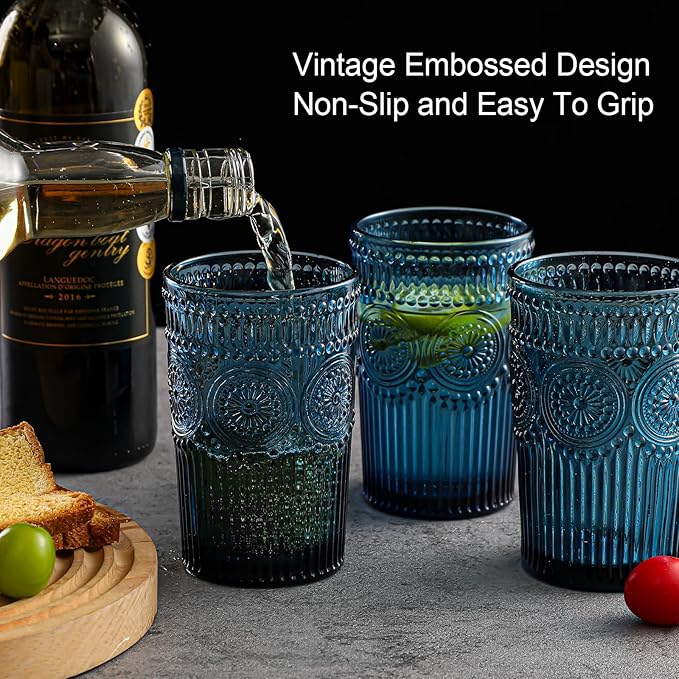 Vintage Glassware Drinking Glasses Set of 6,13 oz Blue Textured Flower Design Glass Water Tumblers，Embossed Striped Drinkware for Water,Cocktails,Juice,Iced Coffee