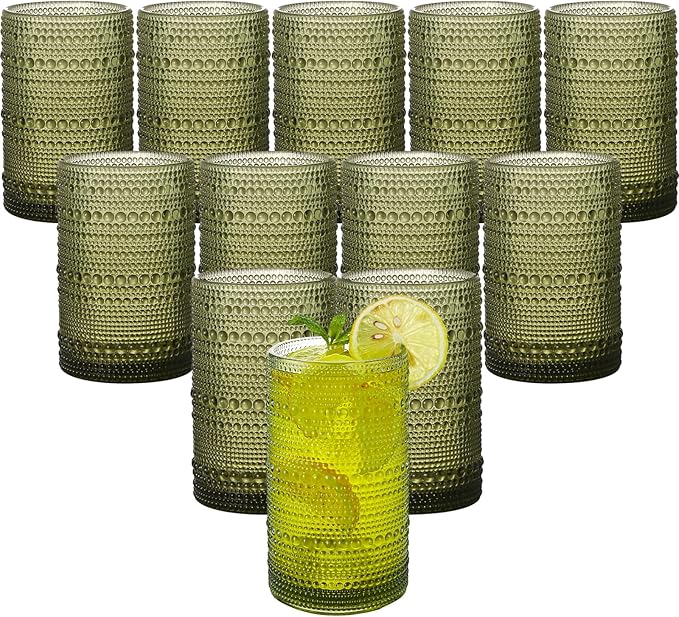 Vintage Hobnail Drinking Glasses Set of 12 (15oz) – Embossed Green Textured Tumblers, Non-Slip, Dishwasher Safe for Cocktails, Whiskey, Bar & Kitchen Cups