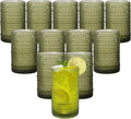 Vintage Hobnail Drinking Glasses Set of 12 (15oz) – Embossed Green Textured Tumblers, Non-Slip, Dishwasher Safe for Cocktails, Whiskey, Bar & Kitchen Cups