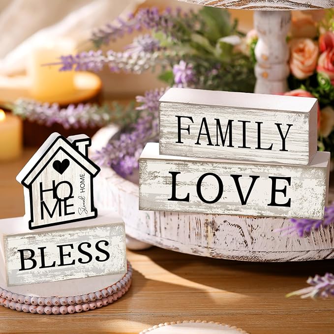 4 Pcs Farmhouse Wooden Tabletop Decor Sweet Home Tiered Tray Decor Rustic Retro Wood Bless Family Love Block Sign Gift Neutral Centerpiece Farmhouse Table Sign for Home Shelf Mantle