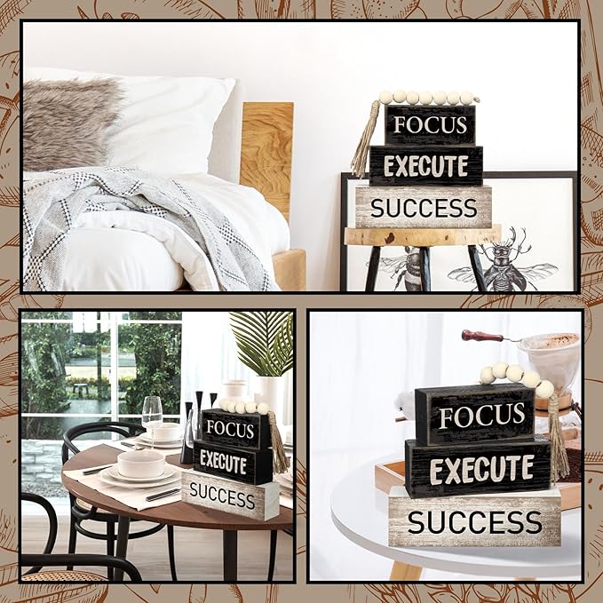 4 Pcs Motivational Wooden Tabletop Decor Inspirational Tiered Tray Decor Rustic Retro Wood Bead Garland Focus Execute Success Block Sign Gift Farmhouse Centerpiece for Home Shelf Mantle