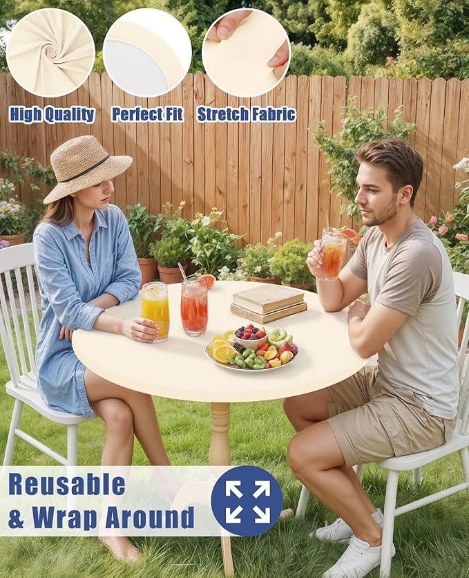 Round Spandex Tablecloth 2 Pack, Elastic Fitted Waterproof Tablecloths for 45"-56" Tables, Stretch Washable Picnic Table Cover for Camping, Dining, Indoor and Outdoor, Beige