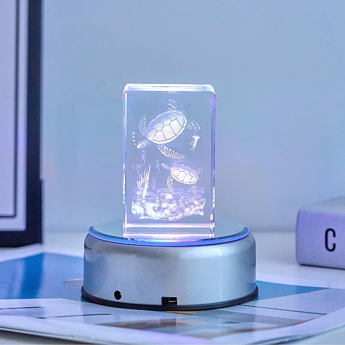 EUSTUMA Rotating LED Display Base Colorful Light Crystal Display Base Stand,Lighted Up Stand Color Changing Small LED for 3D Glass Crystal Art,Holiday Party Decoration. (A-Silver-White Light)