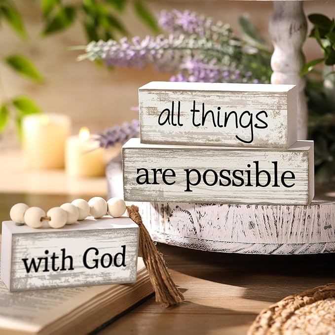4 Pcs Farmhouse Wooden Tabletop Decor Farmhouse Tiered Tray Decor Rustic Retro Wood Bead Garland with God All Things are Possible Block Sign Neutral Centerpiece Sign for Home Shelf Mantle