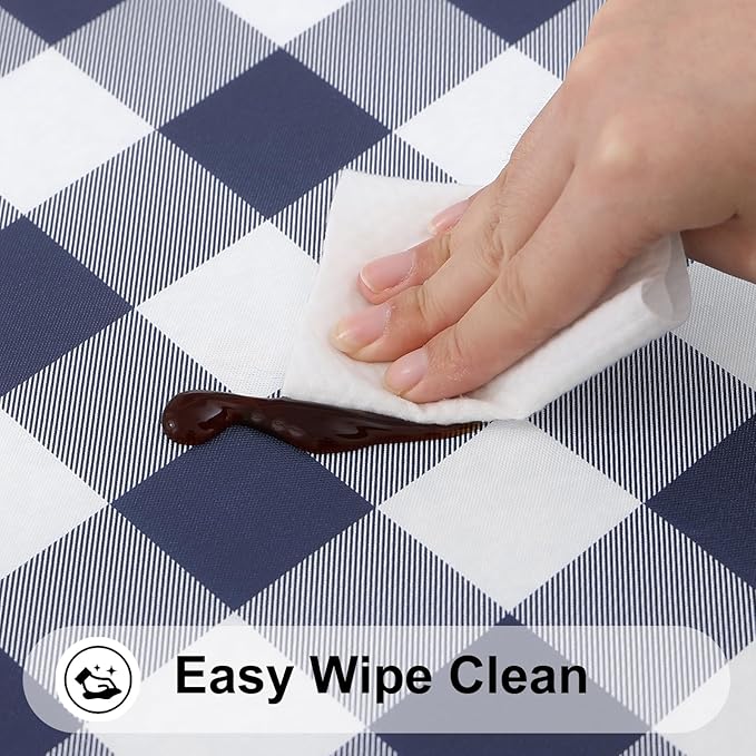 Smiry Rectangle Picnic Table Cloth, Elastic Waterproof Fitted Vinyl Tablecloths, Flannel Backed Buffalo Plaid Table Covers for Dining, Camping, Outdoor (White and Navy, 36" x 96")