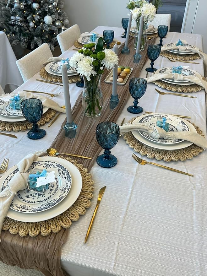 13.8" Set of 8 Round Corn Husk Placemats | Boho Woven Rattan Table Mats | Farmhouse Wicker Spring Plate Chargers Like Water Hyacinth, Seagrass for Wedding, Party, Christmas, Events
