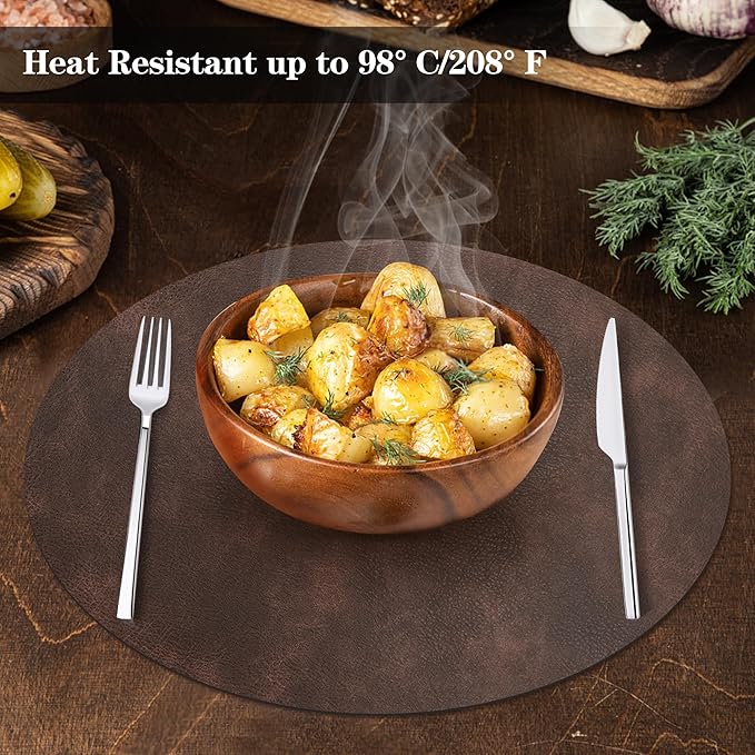 Round Placemats and Coasters Set of 6, Washable Reversible Faux Leather Placemats Cowhide Pattern Place Mats Wipeable Non-Slip 15 inch Round Kitchen Dining Table Mats (Gray Dark Coffee, 6)