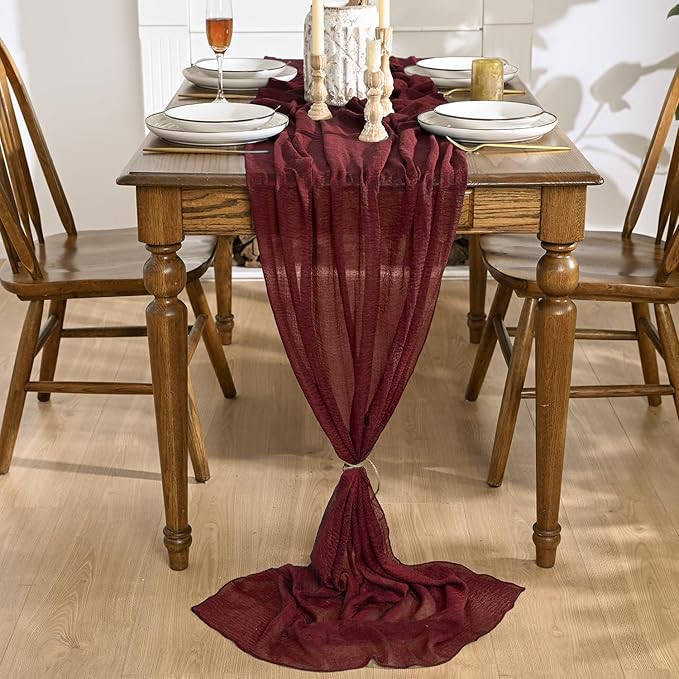Artoid Mode Boho Cheesecloth Gauze Burgundy Wedding Table Runner, 120 Inch Seasonal Fabric Kitchen Dining Holiday Table Decor for Home Party Indoor