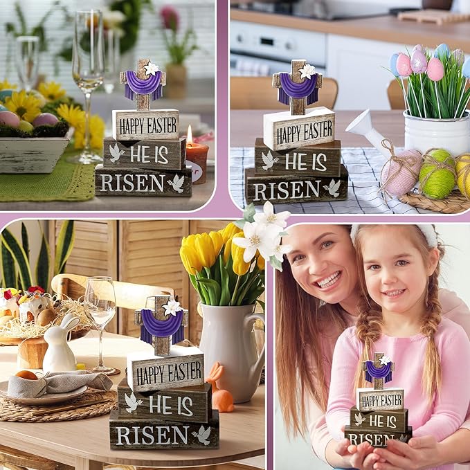 4 Pcs Easter Decorations He Is Risen Wooden Sign Christian Table Centerpiece Religious Cross Tiered Tray Decor Decorative Faux Book Stack Block for Table Fireplace Mantel Floating Shelf