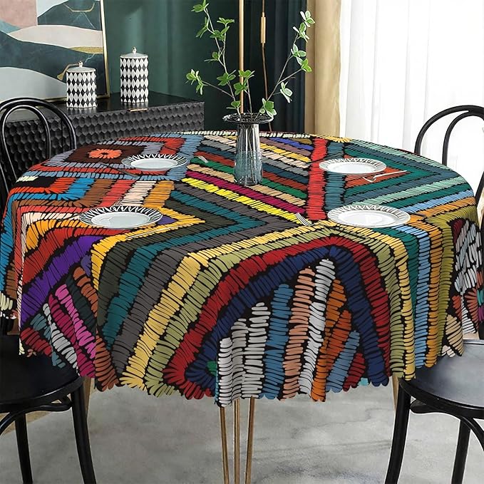 Laeacco 36 Inch Colorful Patchwork Round Tablecloth Woven Geometric Pattern Abstract Art Print Table Cloth Washable Waterproof Wrinkle Free Table Cover for Kitchen Dining Picnic Party Decoration