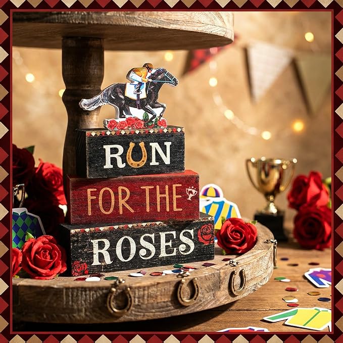 4 Pcs Derby Day Party Decorations Horse Centerpieces for Tables Run for The Roses Table Signs Horsing Racing Wooden Decorations for Derby Shelf Office Festival Party Supplies