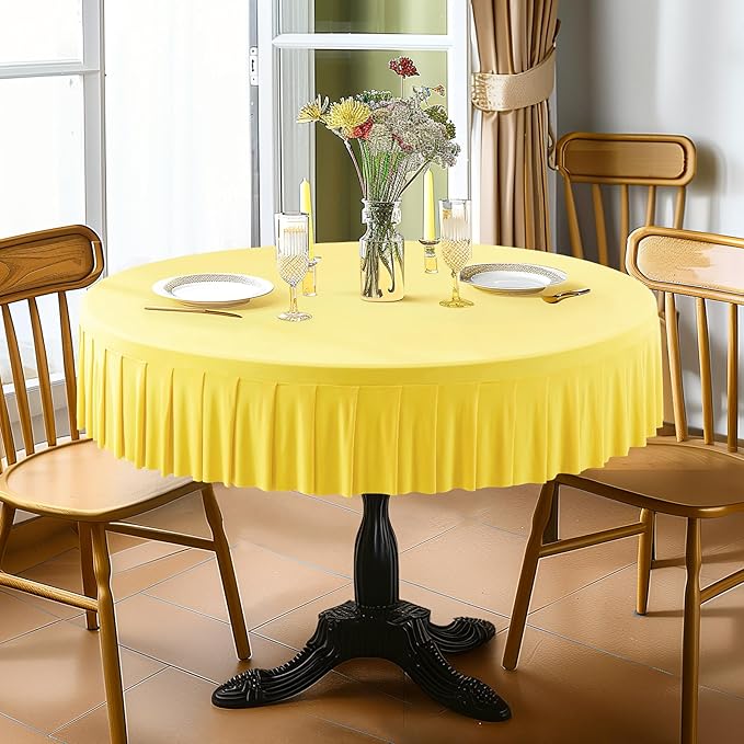 2 Pack Yellow Spandex Round Tablecloths for 60 inch Table, Stretchy Fitted 5FT Round Table Cloths with Wrinkle Free Skirt for Wedding Party Dining Banquet