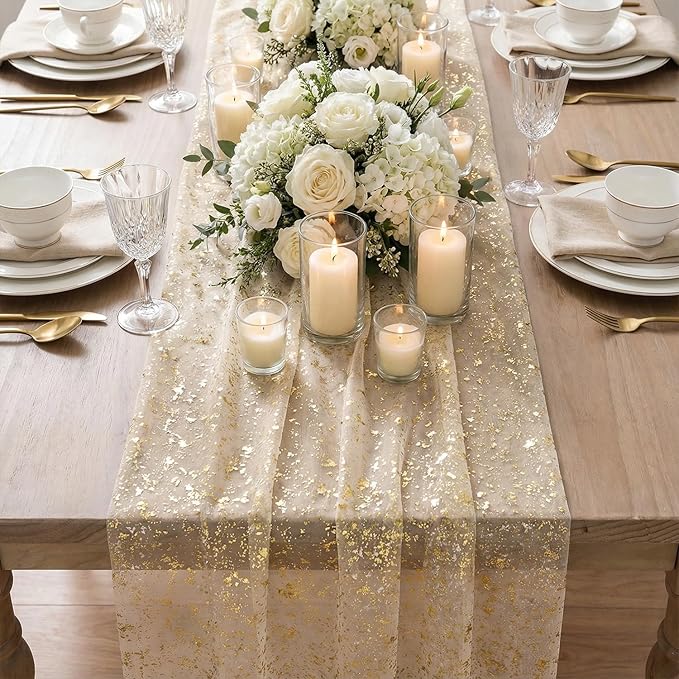 Artoid Mode Gold Gauze Champagne Table Runner 120 Inch 10FT, Glitter Metallic Foil Sheer Dining Wedding Anniversary Holiday Birthday Table Decor for Home Party