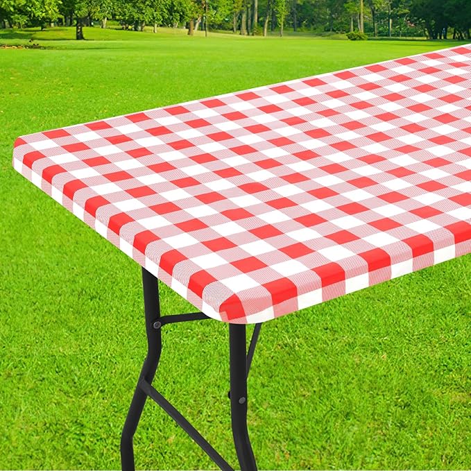 Smiry Rectangle Picnic Table Cloth, Elastic Waterproof Fitted Vinyl Tablecloths, Flannel Backed Buffalo Plaid Table Covers for Dining, Camping, Outdoor (White and Red, 30" x 48")