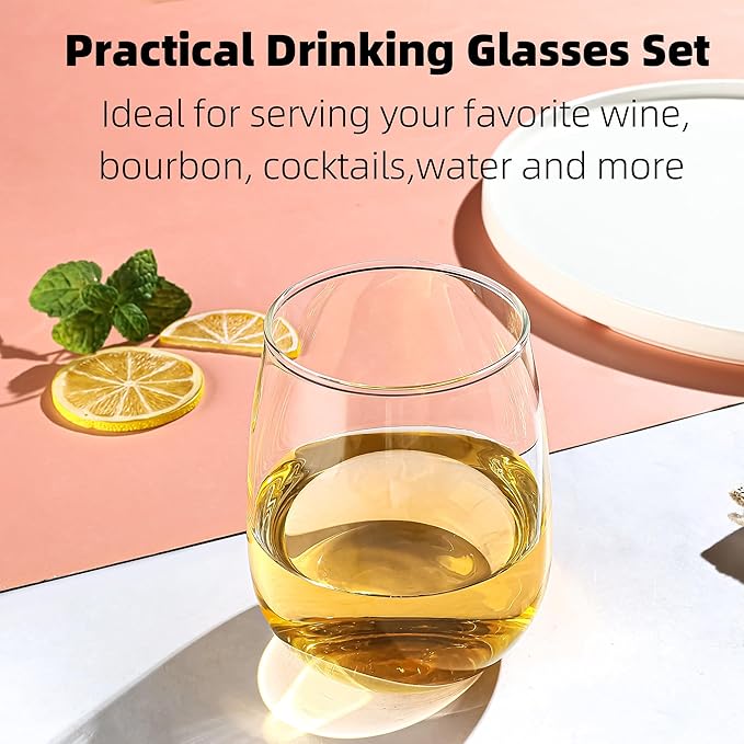 Stemless Wine Glasses Set of 12, 17Oz Red/White Wine Glasses with No Stem, Clear Glassware Set for Red/White Wine, Dishwasher Safe, Ideal for Daily Use, Home Bar, Birthdays, Housewarming Gift