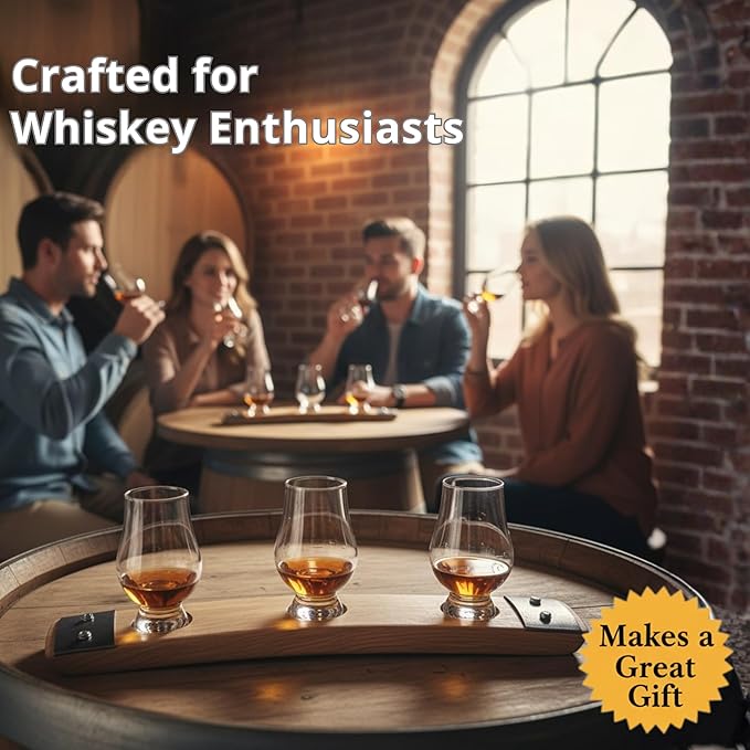 Premium Barrel Stave Whiskey Flight: Scotch & Bourbon, 3 Glencairn Crystal Glasses (No Glasses, Red Mahogany)