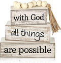 4 Pcs Farmhouse Wooden Tabletop Decor Farmhouse Tiered Tray Decor Rustic Retro Wood Bead Garland with God All Things are Possible Block Sign Neutral Centerpiece Sign for Home Shelf Mantle