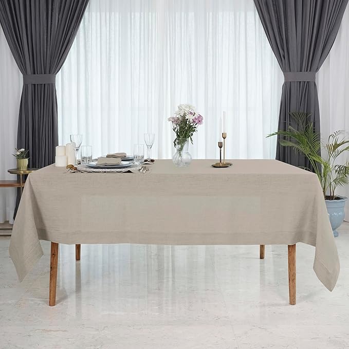 D'Moksha Homes Natural Linen Tablecloth 60 x 108 Inch - 100% Pure Linen Natural Table Cloth for Rectangle Tables - Classic Hemstitch, Machine Washable Tablecloth for Valentines, Spring, Easter