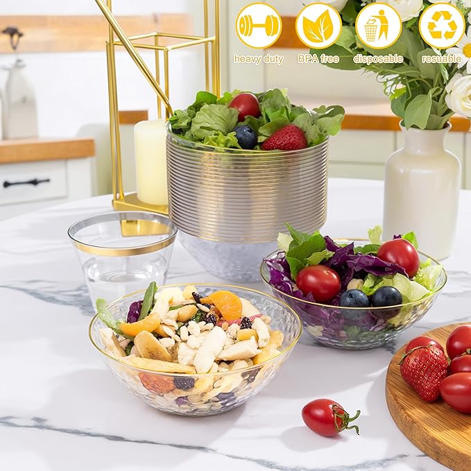 Rubtlamp 30 Pack Clear Disposable Bowls, Clear Plastic Bowls with Gold Rim, 12-16oz Premium Heavy Duty Plastic soup Bowls for Party, Wedding and Holiday