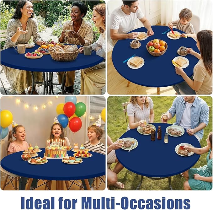 Round Spandex Tablecloth, Elastic Fitted Waterproof Tablecloths for 45"-56" Tables, Stretch Washable Picnic Table Cover for Camping, Dining, Indoor and Outdoor, Navy