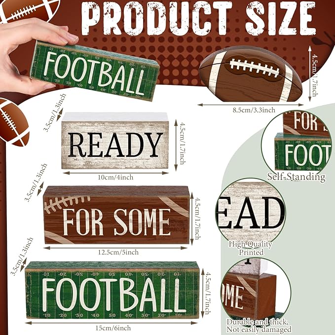 4pcs Football Christmas Table Decoration Happy Football Wooden Block Sign Rugby Tiered Tray Decor Centerpiece Decorative Faux Book Stack for Holiday Tabletop Fireplace Shelf Desk Party Decor