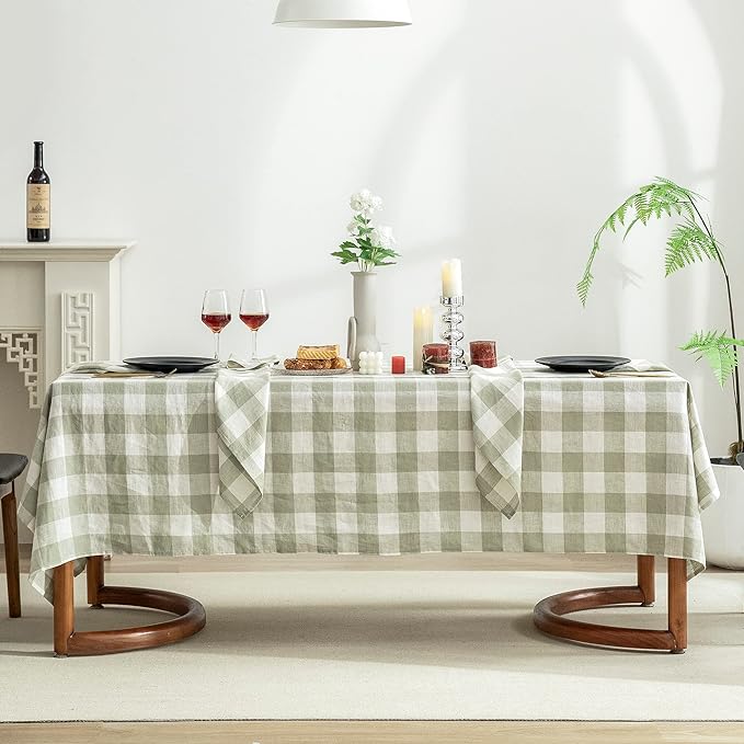EVERLY 100% Yarn-Dyed Linen Rectangle Tablecloths 60x120Inches for Dining,Buffet Parties,Picnic,Events and Restaurants,Decorative Halloween,Thanksgiving Machine Washable Tablecloths-Sage Green Plaid
