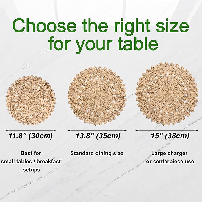 15" Set of 6 Round Corn Husk Placemats | Boho Woven Rattan Table Mats | Farmhouse Wicker Spring Plate Chargers Like Water Hyacinth, Seagrass for Wedding, Party, Christmas, Events