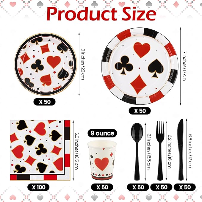 Kochorie 400 Pieces Casino Print Disposable Tableware Sets, Las Vegas Party Supplies Set with Plates Cups Napkins Cutlery Serves 50 for Birthday Poker Club Casino Theme Party Decorations