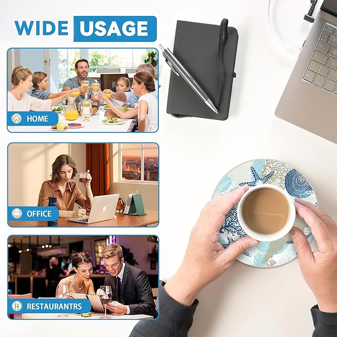 Seashell Coasters Set of 4, Starfish Beach Theme Round 4" Cup Coasters with Cork Base, Absorbent Ceramic Stone Coaster for Table Home Décor, Ideal Gifts for Women Men
