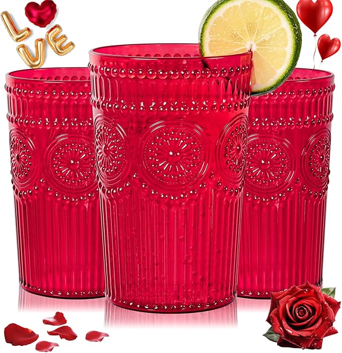 Ciaell 12 Pack Romantic Plastic Water Glasses - 14 Oz Red Vintage Drinking Glasses, Embossed Ribbed Plastic Cups, Textured Striped Set for Juice, Beverages, Beer, Cocktail & Valentine's Day
