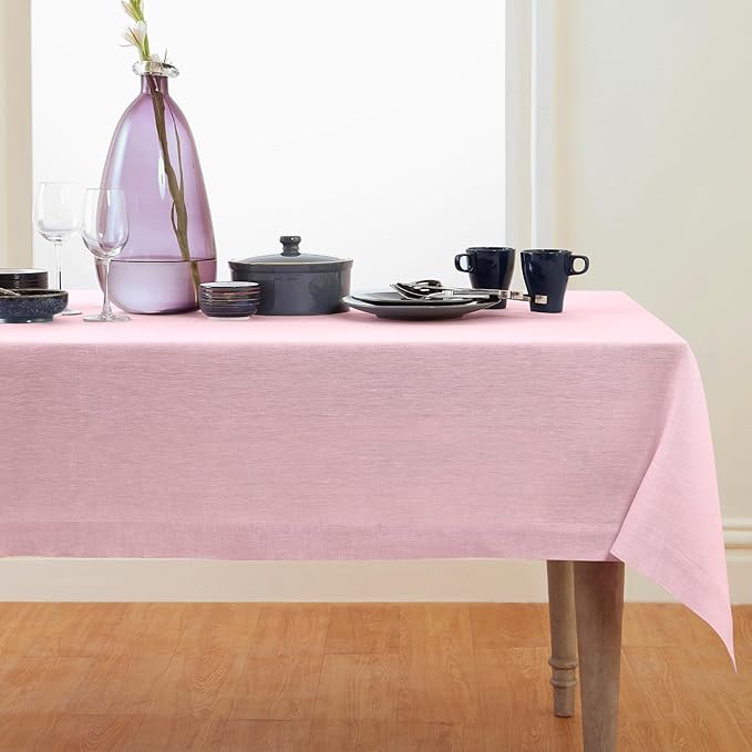 Solino Home Linen Tablecloth 60 x 156 Inch - 100% Pure Linen Bubblegum Pink Table Cloth for Rectangle Tables - Athena, Machine Washable Tablecloth for Valentines, Spring, Easter