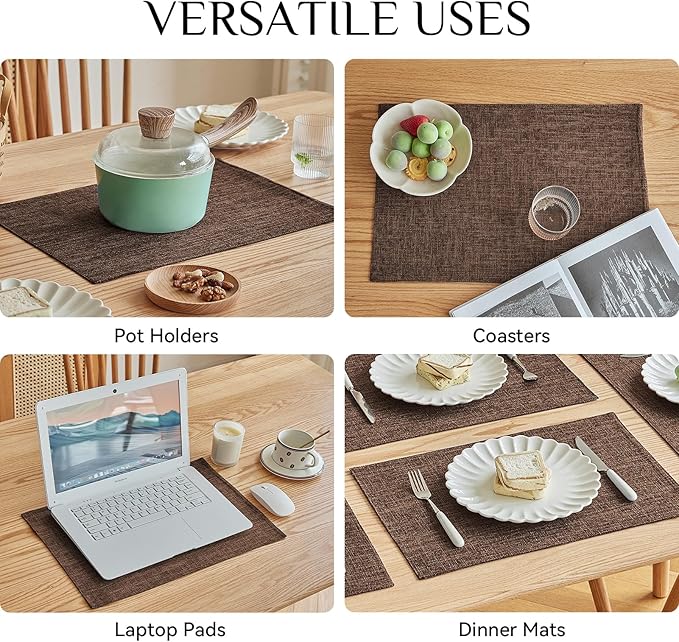 Softalker Faux Linen Placemats Set of 6-12 x 18 Inch, Heat Resistant Double Layered Durable Burlap Farmhouse Place Mats, Non-Slip Washable Rustic Table Mats for Dining, Kitchen, Party（Dark Brown