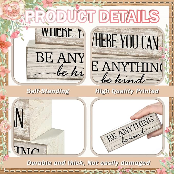 4 Pcs Farmhouse Flower Wooden Tabletop Decor Farmhouse Tiered Tray Decor Rustic Faux Decorative Wood Block Sign Inspired Gift Centerpiece Table sign for Home Shelf Supplies