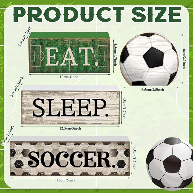 4 Pcs Soccer Wooden Tabletop Decor Soccer Tiered Tray Decor Rustic Wood Block Sign Gift Centerpiece Farmhouse Table Sign for Home Boys Room Office Shelf Birthday Party