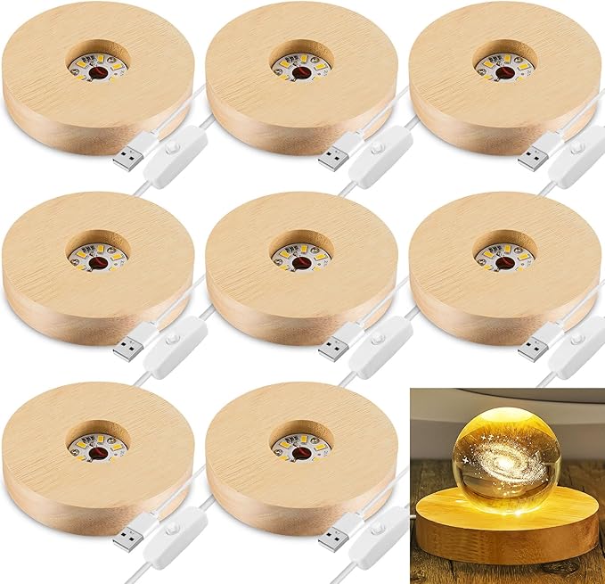 Honoson 8 Pcs Wooden LED Display Base Lighted Base for Crystal Art Wood Display for Glass Art 3D Crystal Warm Light(Round Surface Style)